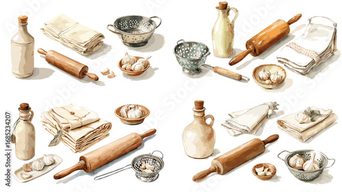 Rustic watercolor baking tools and ingredients including rolling pins, garlic, bottles, bowls, and towels. Ideal for culinary design, recipe illustrations, and kitchen artwork.