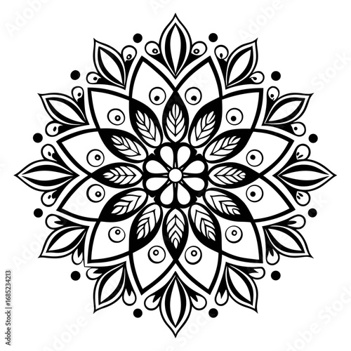 Detailed black and white floral mandala with intricate leaf and petal designs in a symmetrical pattern created with generated ai