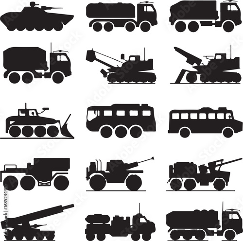 Collection of black silhouettes of military and construction vehicles truck military truck