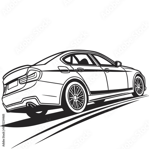 Rear view of a sleek sedan car with detailed wheels and dynamic lines suggesting motion on a white background created with generated ai