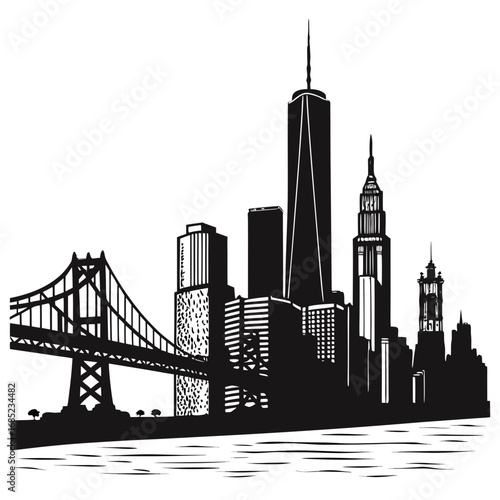 Silhouette of a city skyline with a bridge and several skyscrapers in a monochrome black and white image created with generated ai
