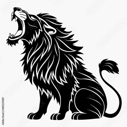 Illustration of a roaring lion in black silhouette with detailed mane and sharp teeth on white background created with generated ai