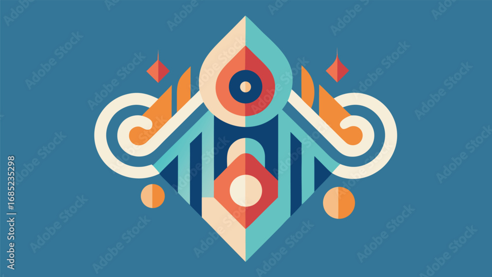 Obraz premium Intricate abstract geometric design with swirling lines and diamond shapes on blue background symmetrical