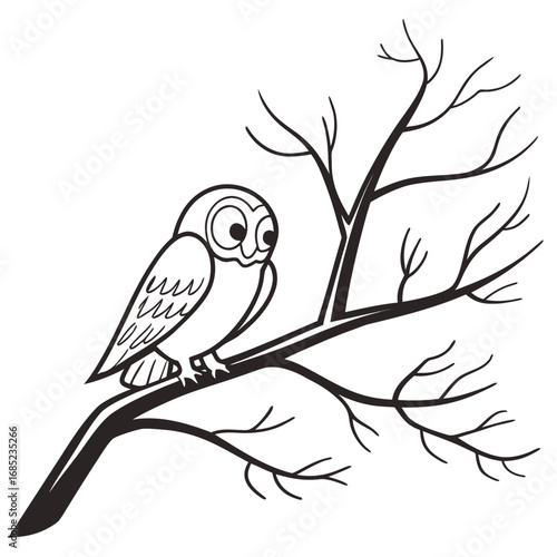 Illustration of an owl perched on a bare tree branch with multiple smaller branches extending outward created with generated ai