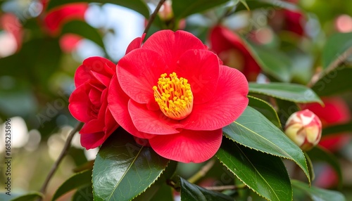Vibrant red blossoms on a green bush