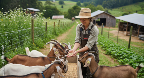A caring farmer feeding a group of hungry Nubian goats delicious oats from her hands on a serene, sustainable rural farm.