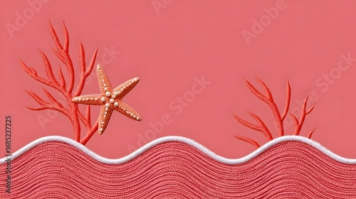 Closeup of a vibrant starfish and delicate coral formations set against a soothing, monochromatic red background, creating a tranquil, nature-inspired scene.