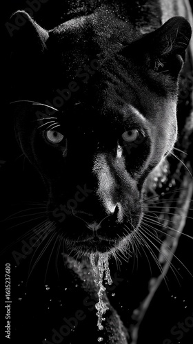 Black panther silhouette with fine fur strokes, black and white photography, spraying water with trunk, wildlife photography, animal portrait, 