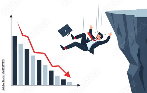 Businessman falling off cliff next to downward trending stock market graph