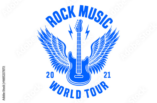 Rock and Roll Vector Print Design. Vintage Rock Star Illustration. Rock star artwork. Eagle with thunder artwork. Music World Tour Artwork. Rock Guitar with Eagle Wing Artwork. 