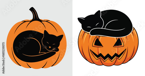 Halloween Mischief Black Cats Napping on Pumpkins A Whimsical Spooky Season Celebration for Feline and Autumn Lovers