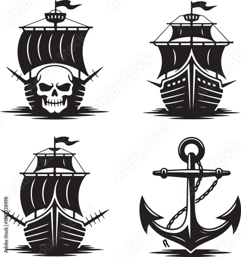 Four black silhouette pirate ships and anchor with skull and swords sailing ship vessel