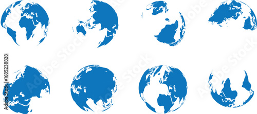 3D Global Earth Icons – Blue White World Map Illustrations from Multiple Angles, Set of 3d Globe