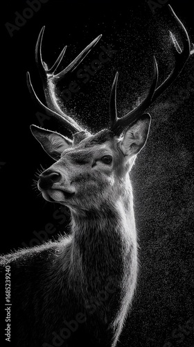 Deer, detailed fur and antler texture, symbol of grace and wilderness, black and white photography, spraying water with trunk, wildlife photography, high contrast, animal portrait