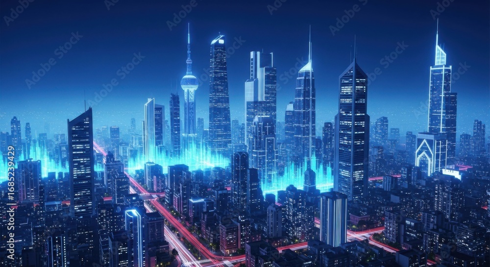 Fototapeta premium Futuristic City Skyline at Night with Bright Blue Lights and Skyscrapers