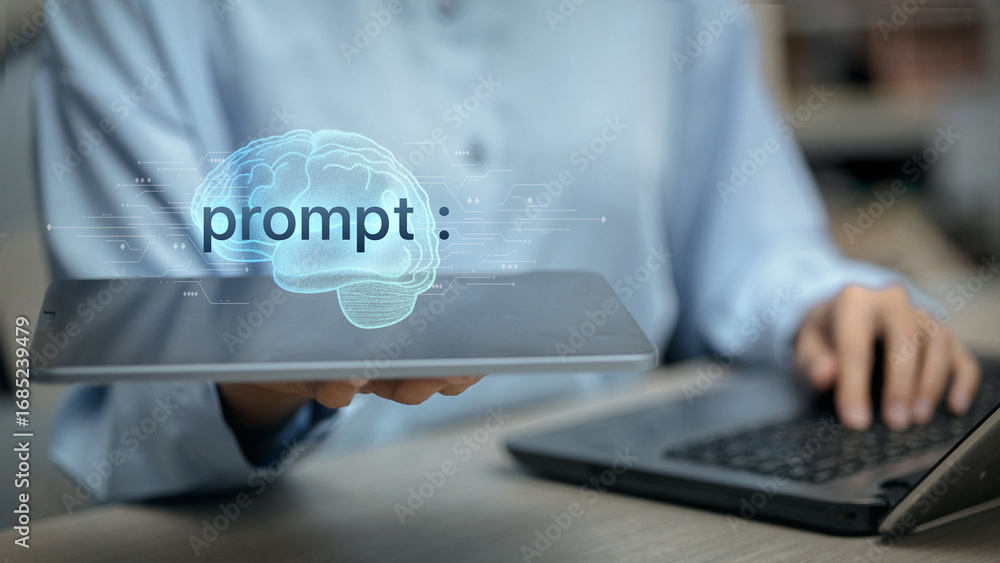Naklejka premium AI Prompt Engineering Concept with Digital Brain Hologram on Tablet