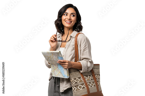 Happy young female tourist with a map and tote bag exploring a new city.