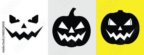 Spooky Halloween Trio of Jack O Lanterns Carved with Menacing Expressions and Set Against Festive Backgrounds for Holiday Decor