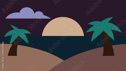 Minimalist Tropical Beach Sunset with Palm Trees and Cloud ocean
