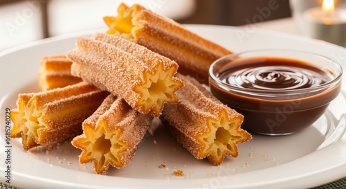 Delicious crispy Spanish churros, generously coated in cinnamon sugar, presented on a white plate with rich, warm chocolate dipping sauce.