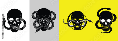 Four Striking Skull and Snake Illustrations Contrasted on White Gray and Yellow Backdrops Unveiling Dark and Edgy Art