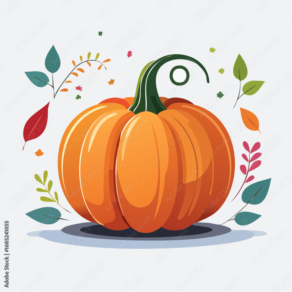 Naklejka premium Orange Pumpkin Decorated With Autumnal Leaves