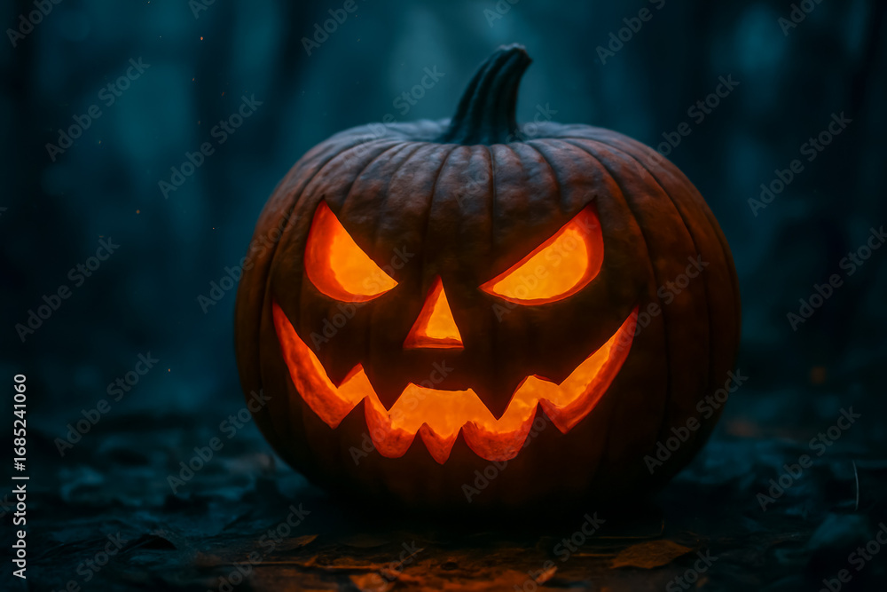 Naklejka premium Glowing halloween pumpkin with a spooky face in the dark