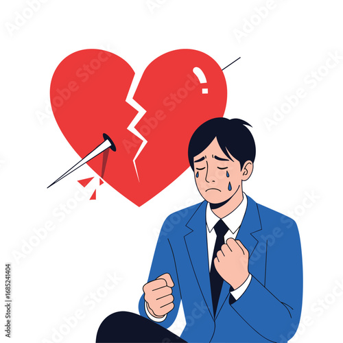 Emotional distress after heartbreak a man cries over a broken heart symbol