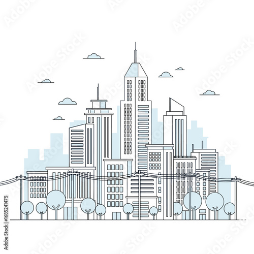 Modern cityscape skyline with tall buildings and trees under a cloudy sky