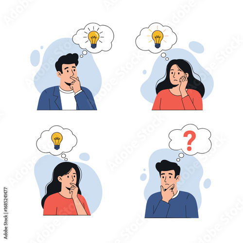 People thinking about ideas and solving problems with question marks and lightbulbs