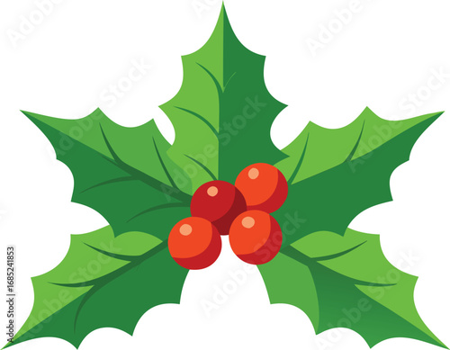 Holly berry icon. Christmas symbol berry leaves isolated on transparent background