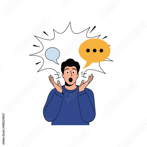 Surprised man gesturing with hands while speaking about something astonishing with speech bubbles above his head