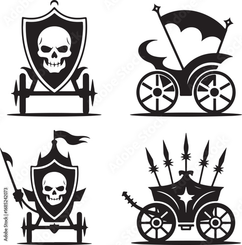Set of four black and white medieval fantasy cart and shield icons carriage chariot