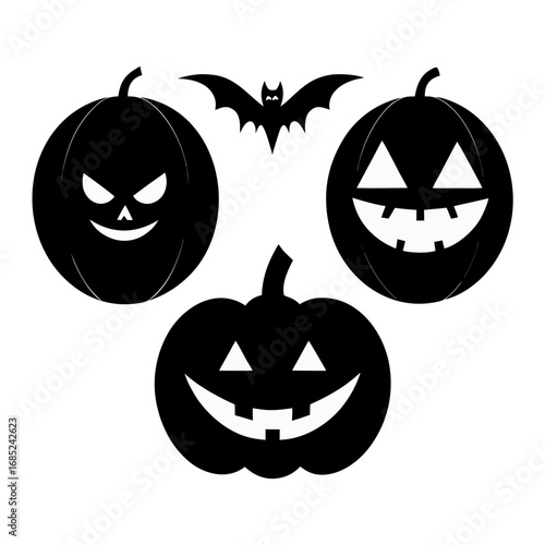 Three spooky halloween jack o lantern faces on a black background