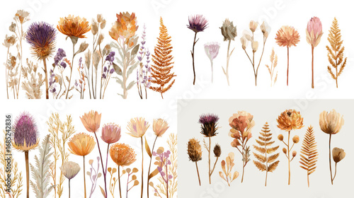 Elegant dried flowers, seed heads, and ferns in autumn tones. Perfect for rustic design, vintage posters, wedding invitations, and botanical artwork.