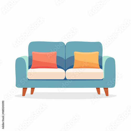 Light Teal Two-Seater Sofa with Orange and Yellow Pillows
