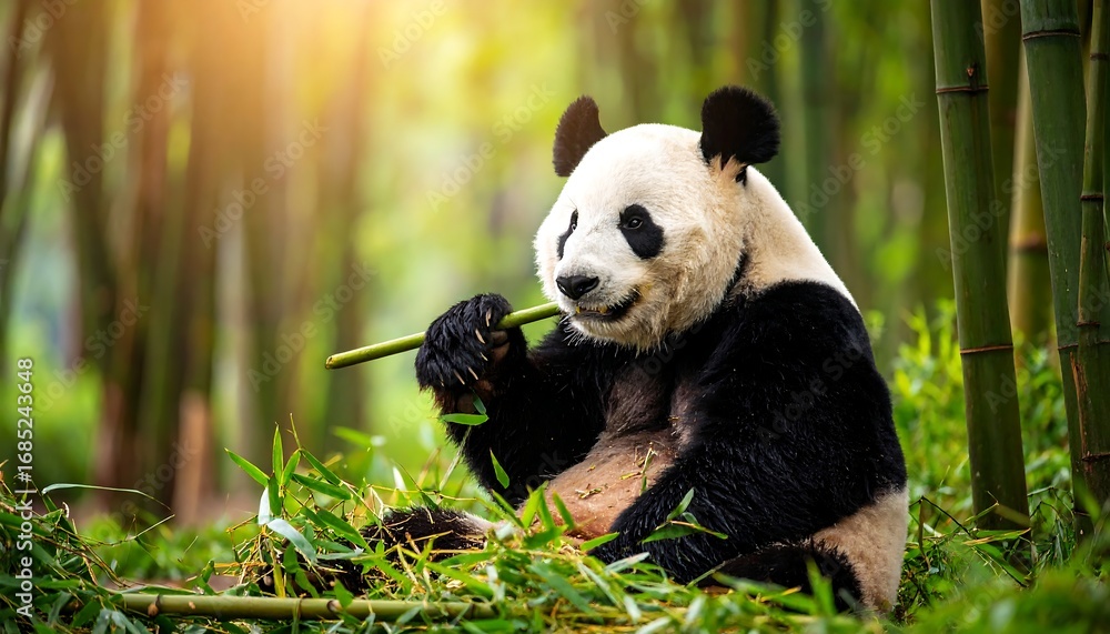 Obraz premium Panda eating bamboo in a lush forest