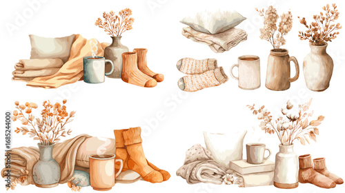 Warm watercolor home decor with socks, blankets, mugs, pillows, and vases. Perfect for hygge lifestyle designs, cozy posters, autumn artwork, and interior illustration.