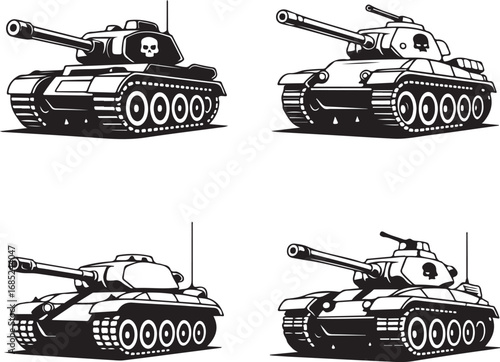 Four black and white illustrations of military tanks with skull emblems army warfare