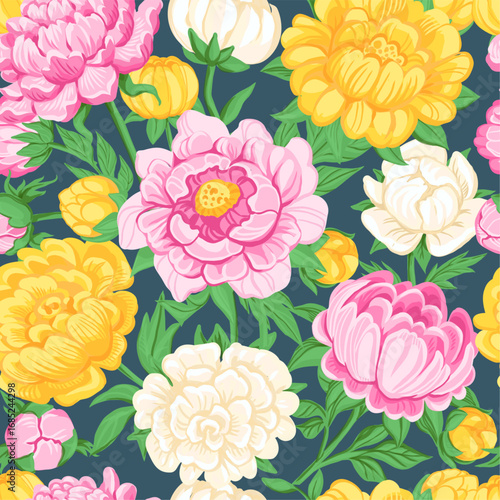 Peony botanical seamless pattern. Beautiful flowers, repeated garden flora, lush summer plants, gentle petals, textile, wrapping paper, wallpaper. Print for fabric splendid vector background