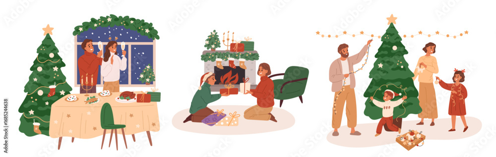 Naklejka premium Happy people celebrating christmas. Families and couples in festive atmosphere, new year holiday preparing, cozy home, decorate xmas tree traditional dinner, cartoon flat garish vector set
