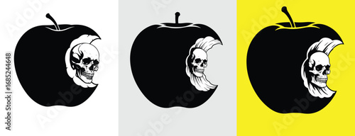 A Trio of Grim Delights Black Apple Skulls on White Gray and Yellow Backgrounds