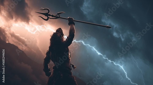 Lord Shiva stands in a storm holding Trishul with dramatic lighting and hair blowing fiercely in the wind