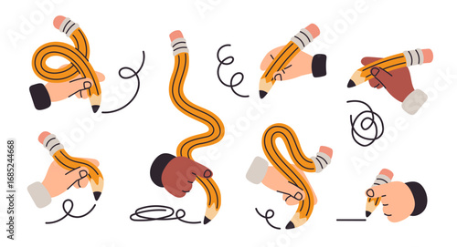 Hands holds twisted graphite pencils with erasers. Flexible long shapes, sketches drawing creative process, handwriting, curved accessories, school education garish vector cartoon isolated set