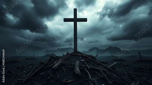 Christian Cross on top of a devastated land on dark stormy day. Concept of apocalypse, judgment day, end of world, destruction of planet Earth. AI Generative