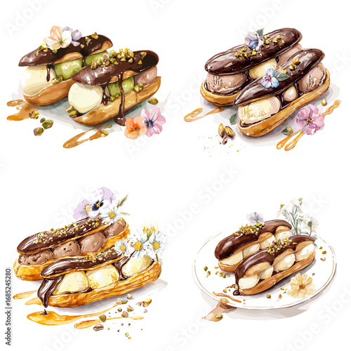 Tasty chocolate eclairs with cream filling, pistachio, and caramel syrup. Elegant food illustration ideal for bakery menus, dessert posters, and gourmet design.