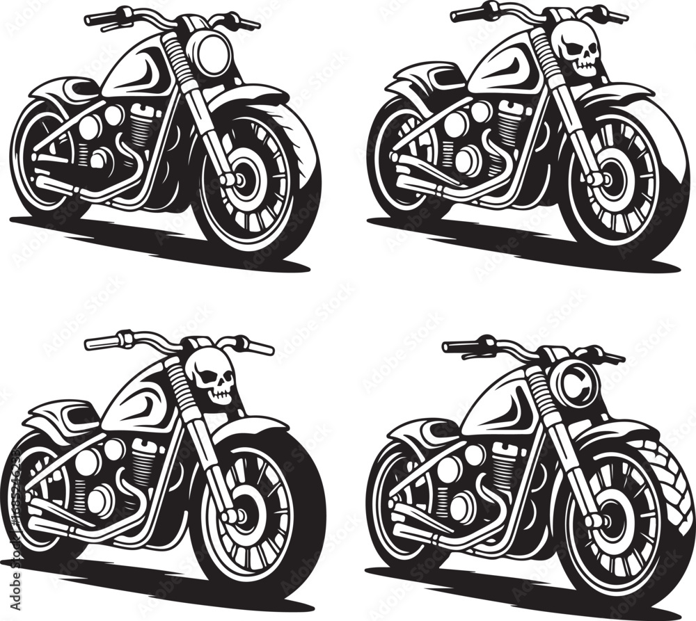Obraz premium Four black and white vector illustrations of custom motorcycles with skull details chopper