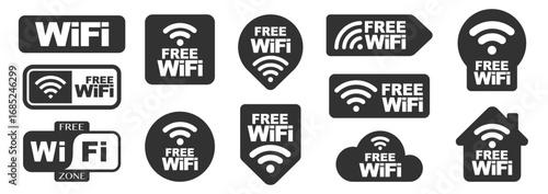 Free Wi-Fi icon collection. Wireless internet access symbols, connection signs, cafe hotspot, router and mobile interface indicators on transparent background