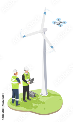Engineers using drone technology to inspect wind turbine blades for renewable energy maintenance on green field site