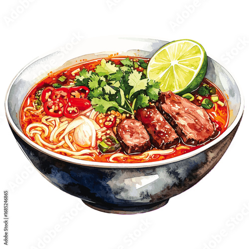 Watercolor Illustration of Bún Bò Huế – Traditional Vietnamese Spicy Beef Noodle Soup